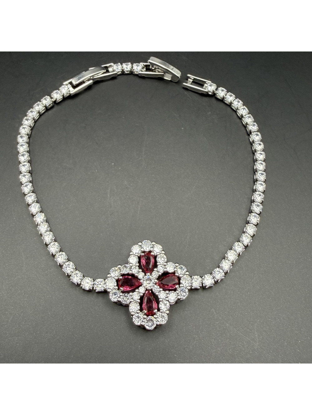 candy+clover dark pink clover crystal halo silver tone tennis bracelet